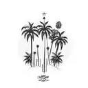 Create a forearm tattoo in black ink, blending Hollywood's iconic sign, palm trees, and film reel with Morgan Hill CA tattoo design idea