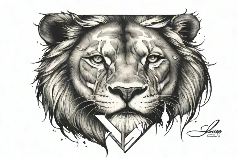 Realistic lion in the middle of a diamond with crossed swords tattoo design idea