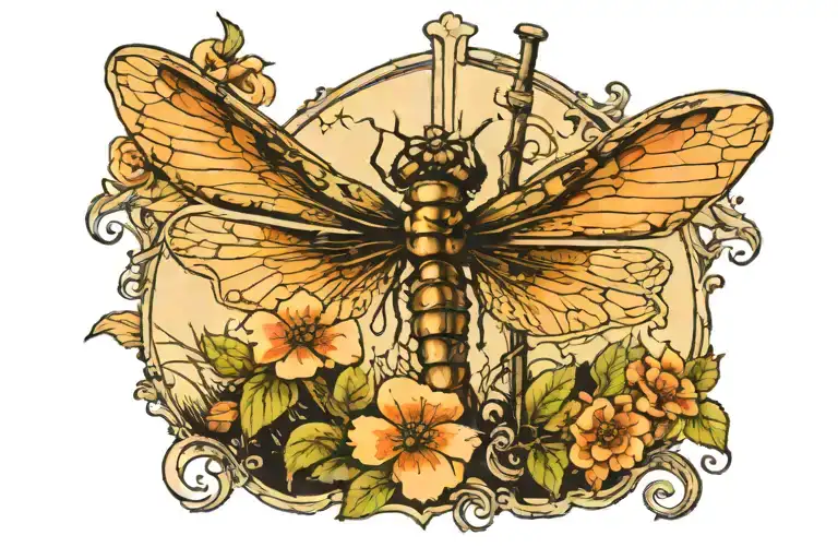 dragonfly, tombstone, fairy's, lake surrounded tattoo design idea