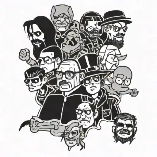 Queen and Slipknot and Donald Duck and Batman and Nine Inch nails and Brenda Lee and South Park and Breaking bad collage tattoo design idea