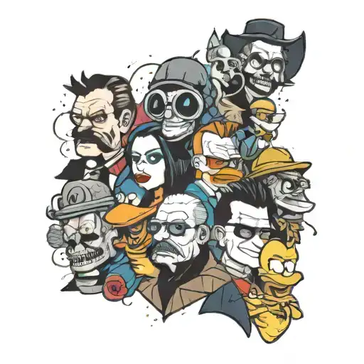 Queen and Slipknot and Donald Duck and Batman and Nine Inch nails and Brenda Lee and South Park and Breaking bad collage tattoo design idea