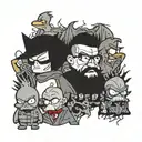 Queen and Slipknot and Donald Duck and Batman and Nine Inch nails and Brenda Lee and South Park and Breaking bad collage tattoo design idea