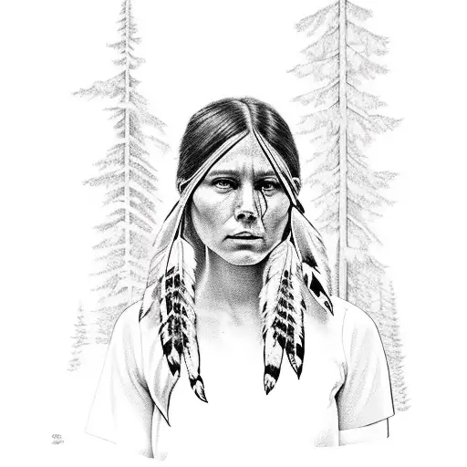 American Indian girl in forest with river tattoo design idea