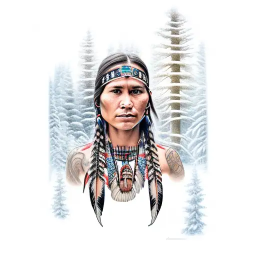 American Indian girl in forest with river tattoo design idea