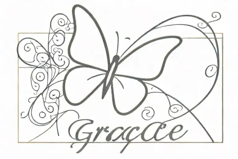 Butterfly with the body as the name Grace in cursive tattoo design idea