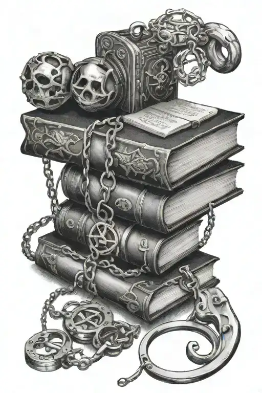 A stack of books with BDSM accessories like handcuffs and whips, combined with fantasy symbols tattoo design idea