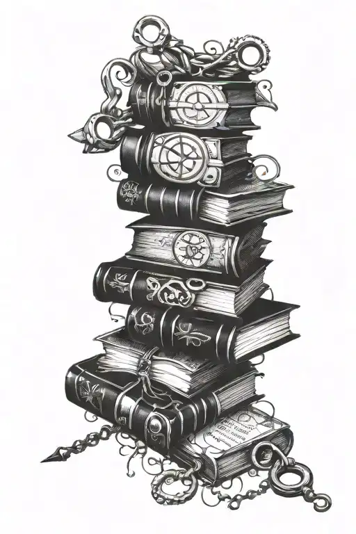 A stack of books with BDSM accessories like handcuffs and whips, combined with fantasy symbols tattoo design idea