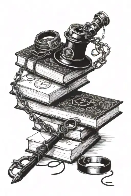 A stack of books with BDSM accessories like handcuffs and whips, combined with fantasy symbols tattoo design idea