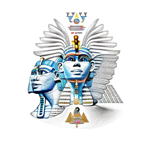 half Egyptian winged sphinx and half  Aztec winged sphinx in front of Aztec and Egyptian pyramids tattoo design idea