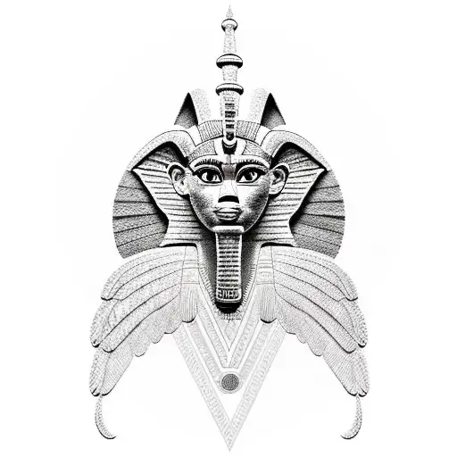 half Egyptian winged sphinx and half  Aztec winged sphinx in front of Aztec and Egyptian pyramids tattoo design idea