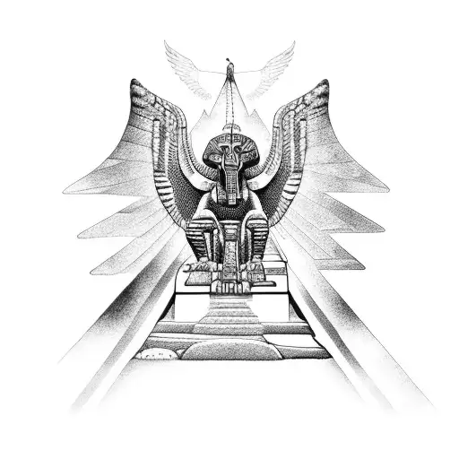 half Egyptian winged sphinx and half  Aztec winged sphinx in front of Aztec and Egyptian pyramids tattoo design idea