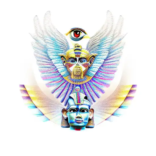 half Egyptian winged sphinx and half  Aztec winged sphinx in front of Aztec and Egyptian pyramids tattoo design idea