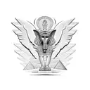 half Egyptian winged sphinx and half  Aztec winged sphinx in front of Aztec and Egyptian pyramids tattoo design idea