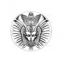 half Egyptian winged sphinx and half  Aztec winged sphinx in front of Aztec and Egyptian pyramids tattoo design idea