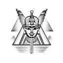 half Egyptian winged sphinx and half  Aztec winged sphinx in front of Aztec and Egyptian pyramids tattoo design idea