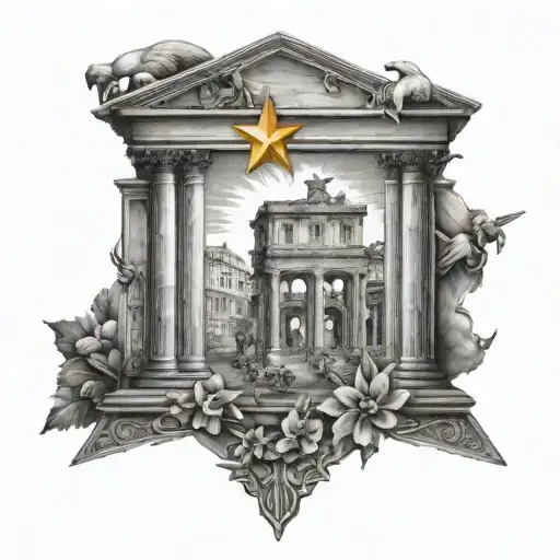Create a arm tattoo with the north west east south star with Roman statues with a the and birds with the roman colosseum tattoo design idea