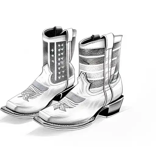 square toe cowboy boots with an American flag behind them, with a black rifle in one, and a welding hood on the other tattoo design idea