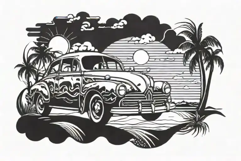 Cars, Beach, and sunset tattoo design idea