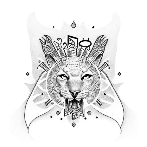 A dotwork tattoo of Saint Jude surrounded by musical notes and jungle animals tattoo design idea