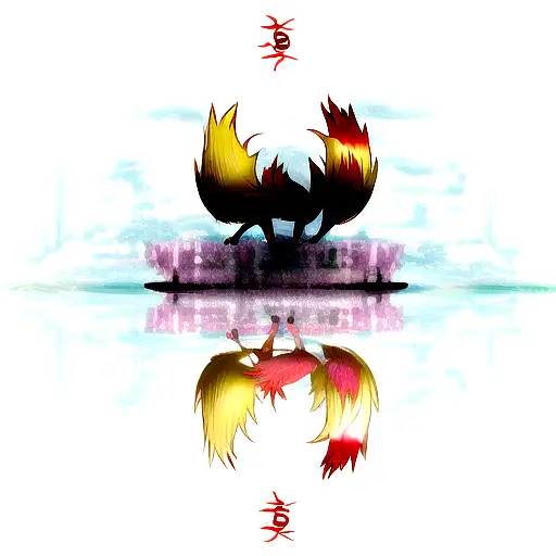young nine tailed fox looking at its reflection  and seeing an older one tattoo design idea