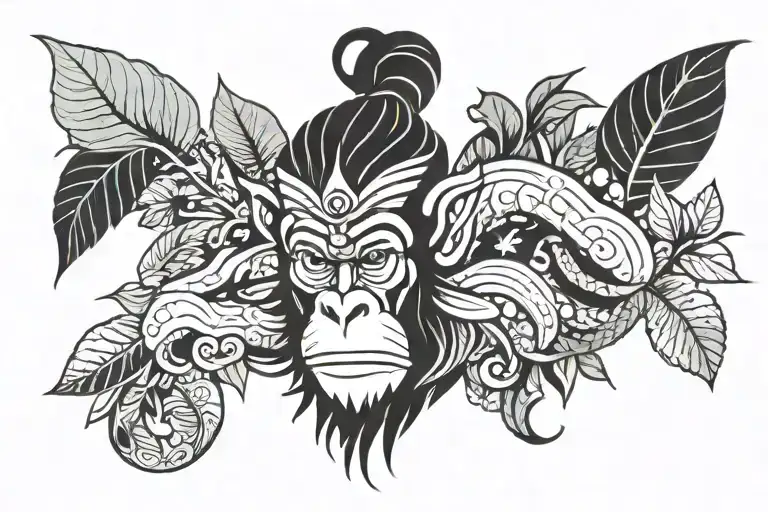 monkey king drinking from leaves tattoo design idea