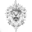 A stethoscope intertwined with vines and flowers, with a lion silhouette in the background tattoo design idea