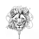 A stethoscope intertwined with vines and flowers, with a lion silhouette in the background tattoo design idea