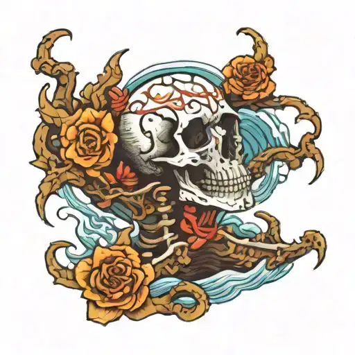 skeleton on the bottom of the ocean floor floating  tattoo design idea