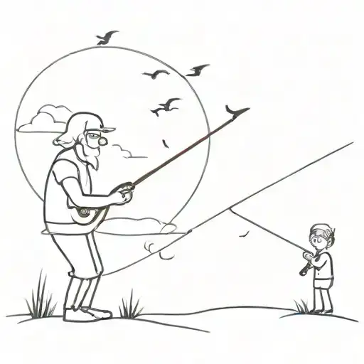 grandpa and grandson fishing with guitars in sky with a cross tattoo design idea