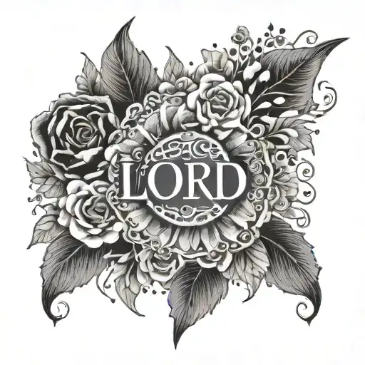 An intricate design featuring the word 'Lord' surrounded by a halo of flowers tattoo design idea