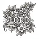 An intricate design featuring the word 'Lord' surrounded by a halo of flowers tattoo design idea