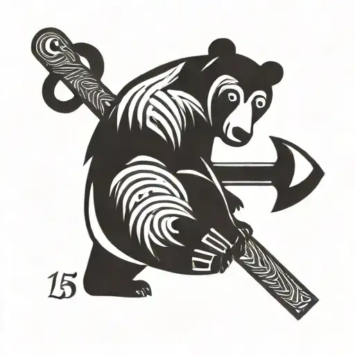 Bear wooden ax Date of birth in Greek numbers 5/15/2005 Compass tattoo design idea
