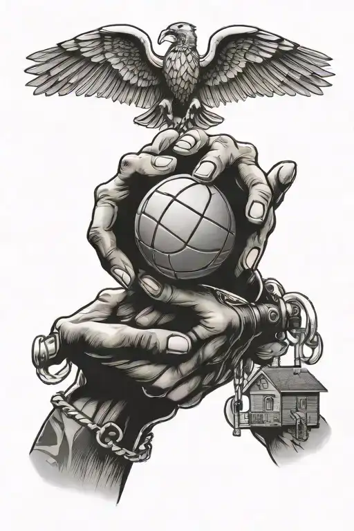 An intricate design of two hands shaking, with one hand holding a basketball and the other holding a house key, representing brotherhood and your occupation in real estate tattoo design idea