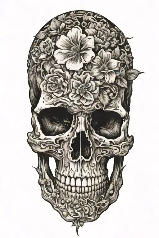 skull and flowers to represent life and death tattoo design idea