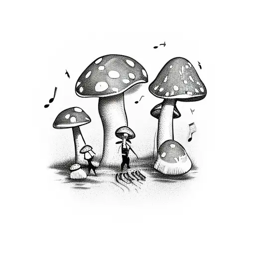 A whimsical scene of a mushroom band playing music with cannabis leaves as instruments tattoo design idea