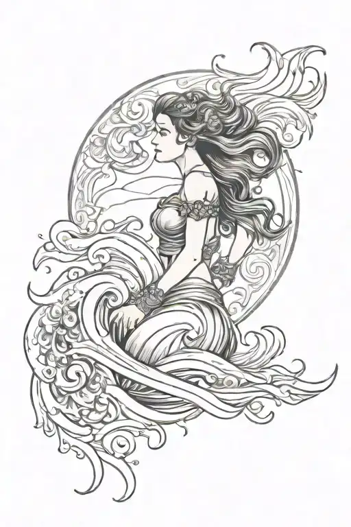 ruhe, wave tattoo, women warrior, calm, kind, patience, faith tattoo design idea