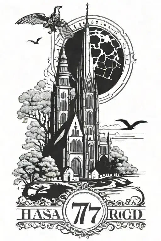 Greifswald Cathedral with year of birth 77 and Hansa Rostock logo tattoo design idea