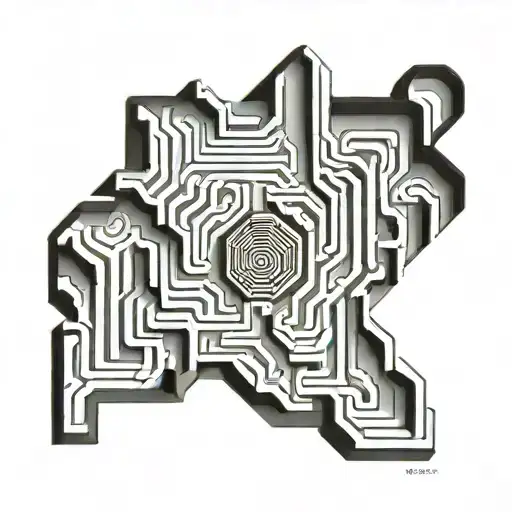 A minimalist design of a labyrinth with the quote 'the only way out is through' tattoo design idea