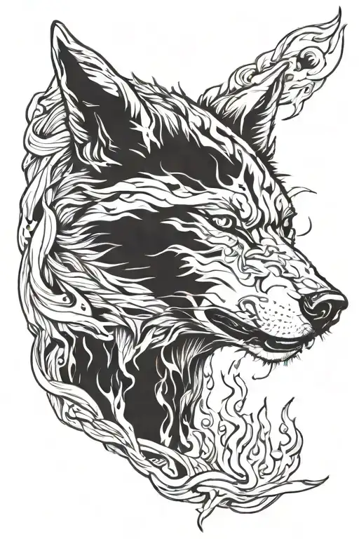 A sleeping giant that is being awakened, holding between its hands, A vast darkness containing a wolf igniting a flame tattoo design idea