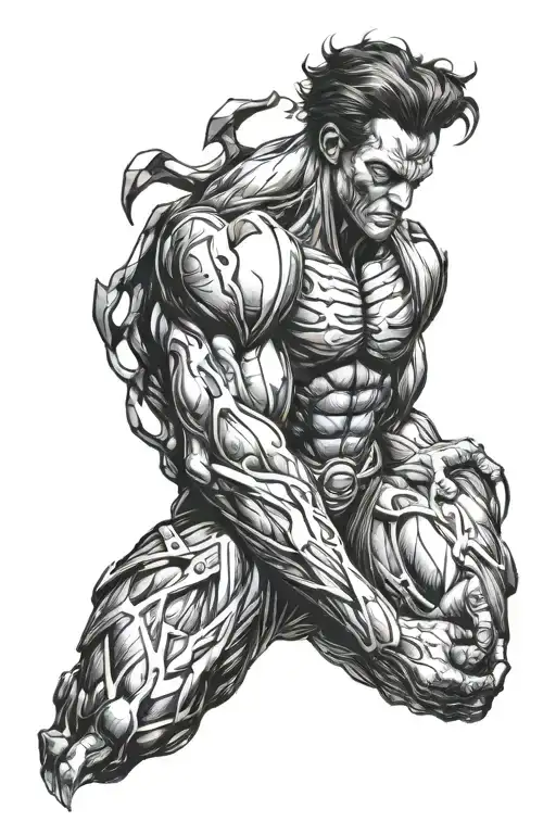 A sleeping giant, in the form of X-men's Apocalypse, that is being awakened, holding between its hands, A vast darkness, tattoo design idea