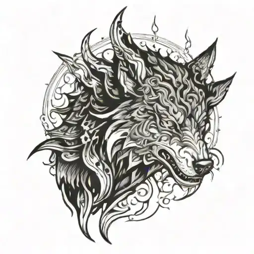 a sleeping giant awakens as the wolf within the darkness of its soul ignites a flame on its fingertips - as a black on b tattoo design idea