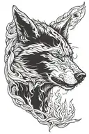 A sleeping giant that is being awakened, holding between its hands, A vast darkness containing a wolf igniting a flame tattoo design idea