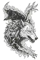 A sleeping giant that is being awakened, holding between its hands, A vast darkness containing a wolf igniting a flame tattoo design idea