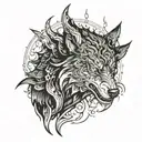 a sleeping giant awakens as the wolf within the darkness of its soul ignites a flame on its fingertips - as a black on b tattoo design idea