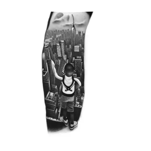 Kid holding a ball with NYC skyline in the background tattoo design idea