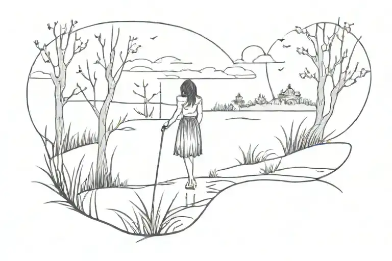 a swamp in the dark night, grass and a skirt tattoo design idea