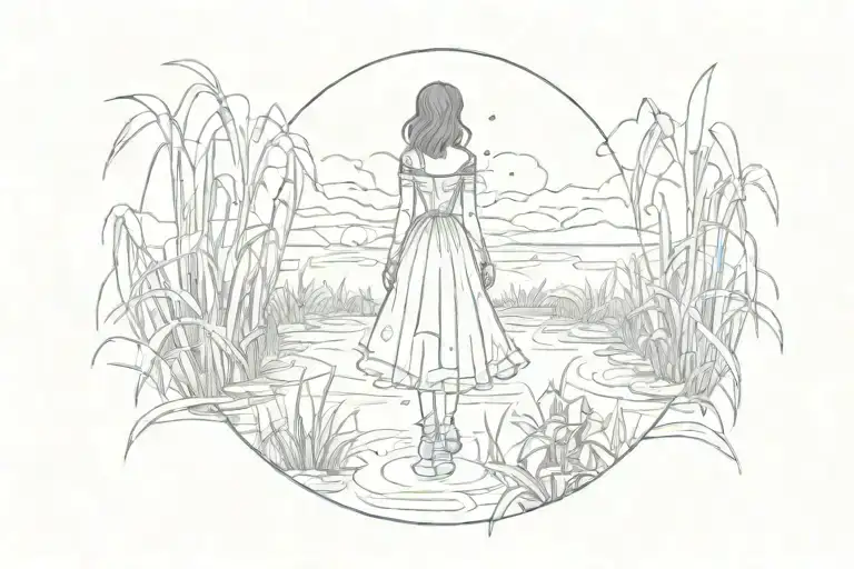 a swamp in the dark night, grass and a skirt tattoo design idea
