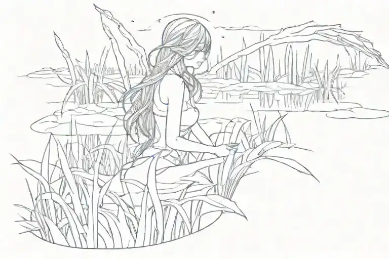 a swamp in the dark night, grass and a pretty girl tattoo design idea