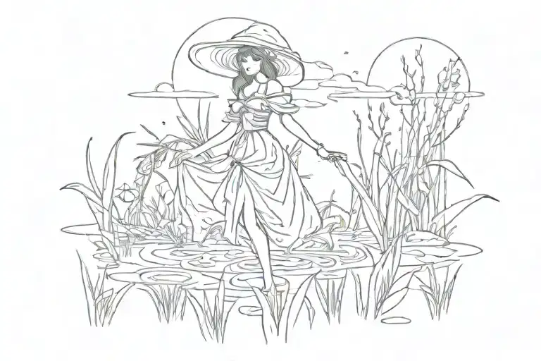 a swamp in the dark night, grass and a skirt tattoo design idea