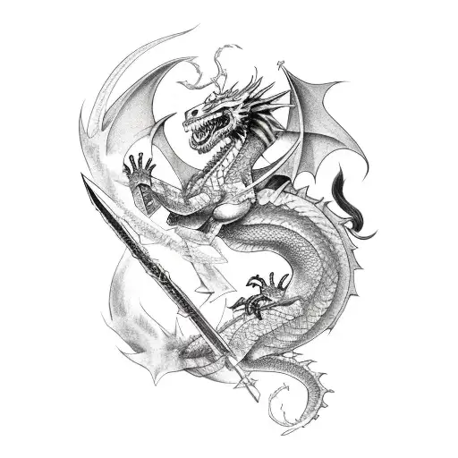 AValkyrie riding a dragon, wielding a shield and lance, low complexity, linedrawing tattoo design idea
